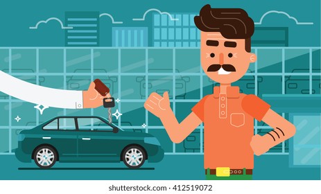 Rent a car. Buying or rent a car banner with dealer. Car sharing illustration.