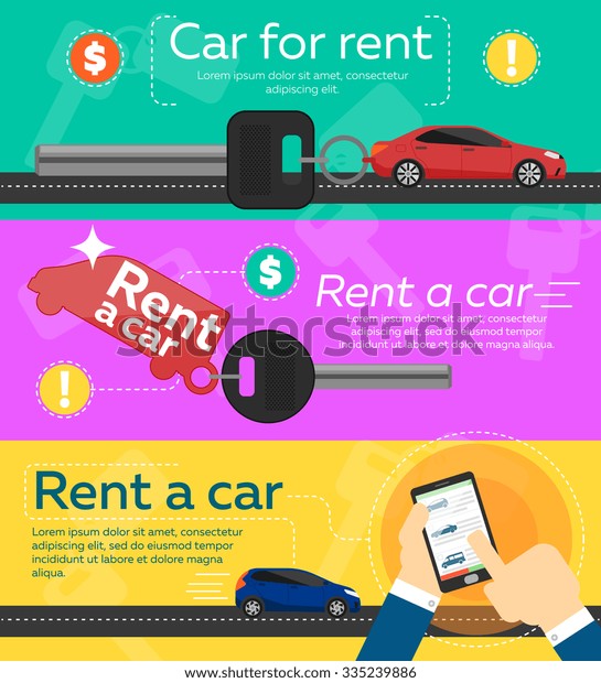 Rent a car. Buying or rent a car banner
with mobile app. Car sharing
illustration.