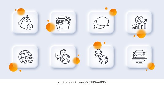 Rent car, Career ladder and Route line icons pack. 3d glass buttons with blurred circles. World weather, World communication, Messenger web icon. Time management, Fraud pictogram. Vector