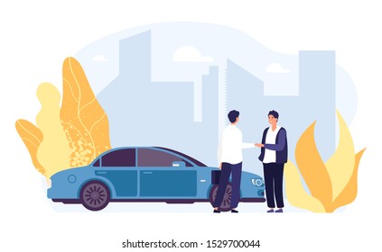 Rent car. Carsharing, rental car agency illustration. Flat male characters, vector auto, city landscape