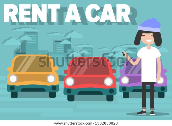 Rent a\
car concept with cars and young character holding auto key. Urban\
cityscape background.Flat cartoon design.clip\
art