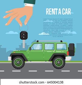 Rent A Car Concept With Extreme Off Road Car And Hand Holding Auto Key. Transport Service, Online Pre Order Car Vector Illustration. Auto Business, Test Drive, Selling, Leasing Or Renting Car Banner