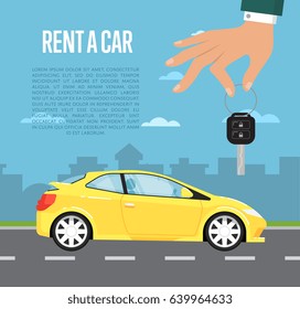 Rent a car concept with family universal car and hand holding auto key. Transport service, online pre order car vector illustration. Auto business, test drive, selling, leasing or renting car banner
