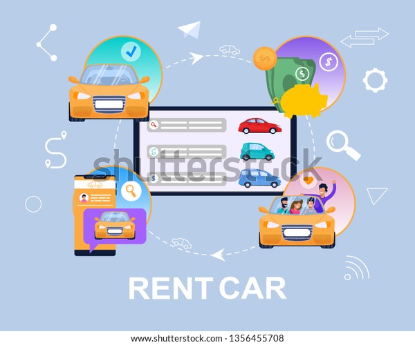 Rent Car Concept Infographic. Vehicle Search.\
Flat Illustration of Carsharing Business from Tablet of Smartphone\
Application with Auto to Collaborative Customer Travel. Urban\
Automobile Transport.