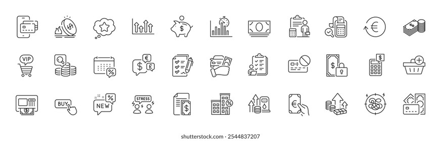 Rent car, Difficult stress and Card line icons. Pack of Cash money, Buy button, Money currency icon. Report timer, Piggy bank, New pictogram. Checklist, Atm, Finance. Exchange currency. Vector