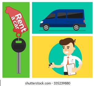 Rent a car flat design web banners elements. Car key and car hire leasing, test drive.