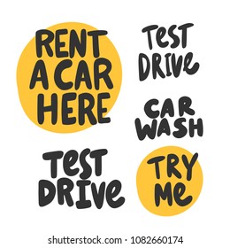 Rent a car here. Sticker for social media content. Vector hand drawn illustration design. Bubble pop art comic style poster, t shirt print, post card, video blog cover