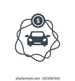 Rent a car icon. Car price icon. Buying a car icon. rent time, rent price, buy time, dollar, money, key icon with vector illustration, flat style, black shape, two color, thin line.