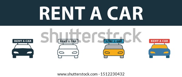 Rent A Car icon set. Four elements in\
diferent styles from travel icons collection. Creative rent a car\
icons filled, outline, colored and flat\
symbols.