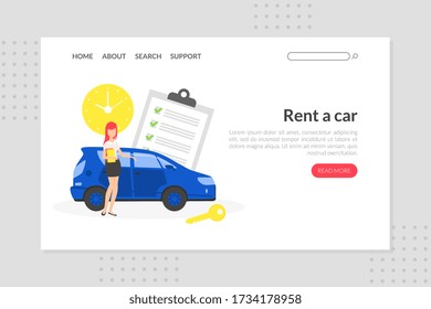 Rent a Car Landing Page Template, Car Sharing Service Advertising Web Page, Mobile App Vector Illustration