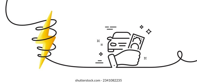 Icono de la línea del coche de alquiler. Una línea continua con curl. Compra el cartel de transporte. Símbolo de pago inicial del vehículo. Cinta de contorno simple del coche de alquiler. Curva de bucle con energía. Vector