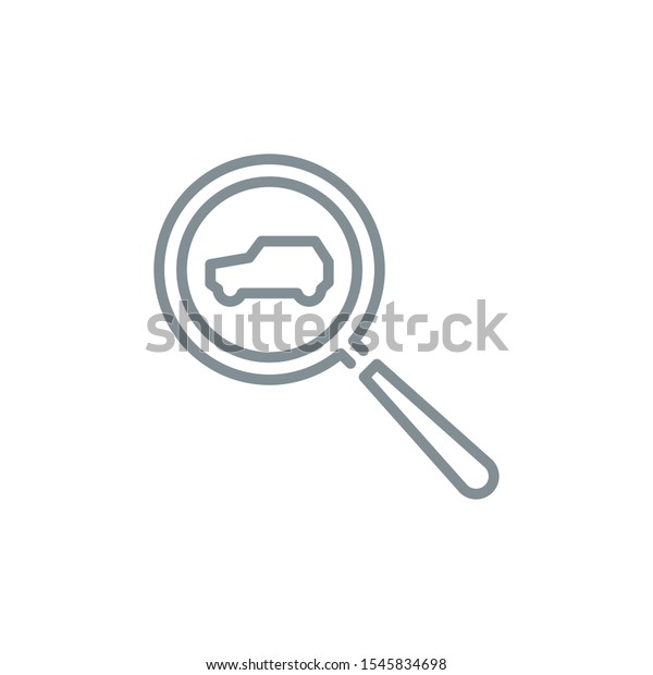 Rent Car with magnifier glass outline flat\
icon. Single quality outline logo search symbol for web design\
mobile app. Thin line design lease auto check logo. Loupe lens icon\
isolated white background