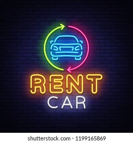 Rent car neon emblem vector design template. Trade Car neon signboard, light banner design element colorful modern design trend, night bright advertising, bright sign. Vector illustration