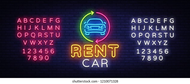 Rent car neon emblem vector design template. Trade Car neon signboard, light banner design element colorful modern design trend, night bright advertising, bright sign. Vector. Editing text neon sign