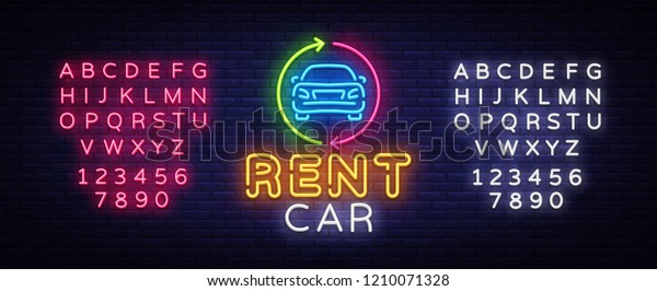 Rent car neon emblem vector design template. Trade\
Car neon signboard, light banner design element colorful modern\
design trend, night bright advertising, bright sign. Vector.\
Editing text neon sign
