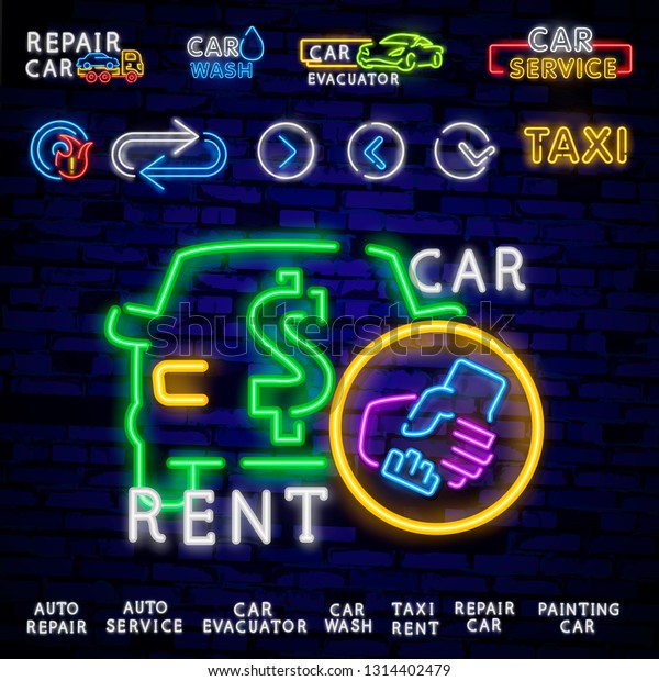 Rent car neon emblem
vector design template. Trade Car neon signboard, light banner
design element colorful modern design trend, night bright
advertising, bright sign.