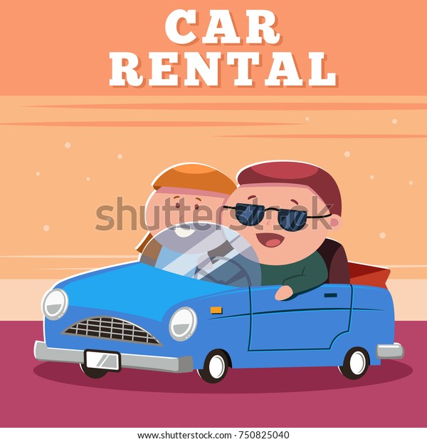 Rent a car poster design.\
Vector cartoon illustration of a man and woman on a blue rental\
vehicle.