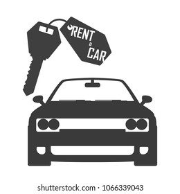 Rent a car poster with car and key. Black isolated flat vector illustration.