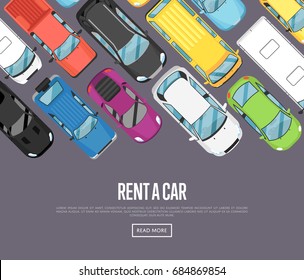 Rent a car poster with modern city cars. Transport service, online pre order car vector illustration. Auto business advertising, test drive concept, automobile selling, leasing or renting car banner