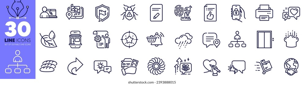 Rent car, Printer and Lift line icons pack. Rainy weather, Settings blueprint, Share web icon. Approved document, Software bug, Megaphone pictogram. Online education, Management, Cooking hat. Vector