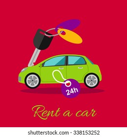 Rent a car. Car rentals by the hour or day 24-7. Green car with a key. Rent a car concept in flat design cartoon style. Car, car rental, rent, car keys, car hire, car leasing, rent a car icon, taxi