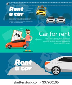 Rent a car. Set of leasing or rent a car banner with dealer cartoon style.