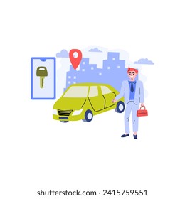 rent car sharing concept, transportation carsharing service . Vector illustration with modern cityscape background. man using mobile app ordering automobile vehicle with electronic key. 