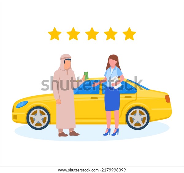 Rent car sharing service arab muslim\
man and woman signing contract vector\
illustration