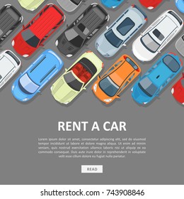 Rent a car template. Best selection and price on rental cars, reservation services for arriving passengers and drivers. Vector flat style cartoon illustration isolated on gray background