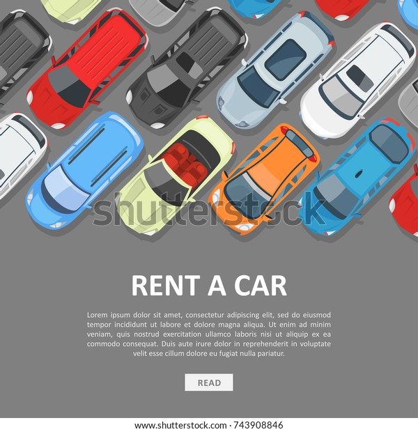 Rent a car template. Best selection and price\
on rental cars, reservation services for arriving passengers and\
drivers. Vector flat style cartoon illustration isolated on gray\
background