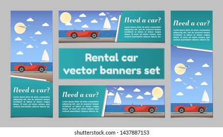 Rent a car vector banners templates set seaside  red cabriolet