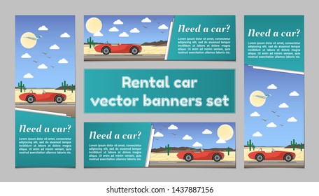 Rent a car vector banners templates set desert  red cabriolet