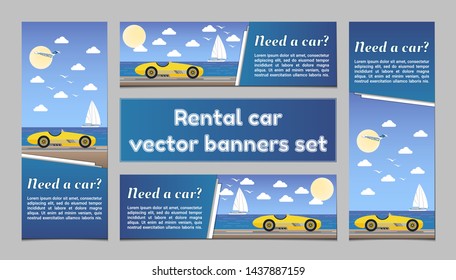 Rent a car vector banners templates set seaside yellow cabriolet