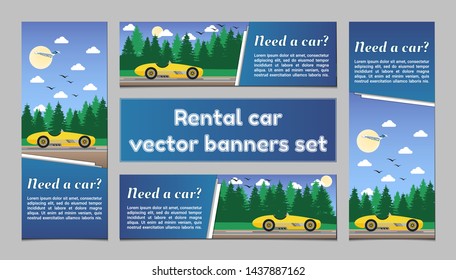 Rent a car vector banners templates set forest yellow cabriolet