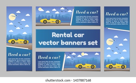 Rent a car vector banners templates set night mountains yellow cabriolet