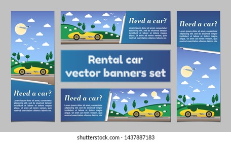 Rent a car vector banners templates set countryside village hills yellow cabriolet