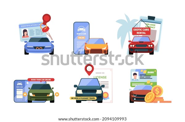 Rent car. Vehicle showroom seller\
holding key from automobile car purchase concept scenes car deposit\
dealership garish vector flat pictures\
collection