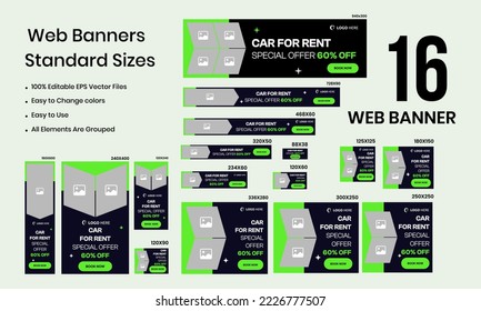 Rent Car web bundle banners of standard size with a place for photos. Vertical, horizontal, and square templates. Vector EPS