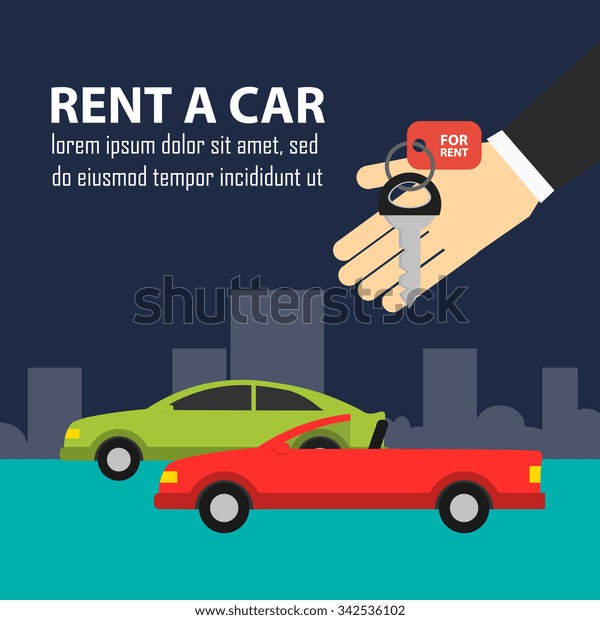 Rent a cars and trading Cars in flat design web\
banners elements. Keys to the car on rent. Rental car infographic.\
Web design elements.