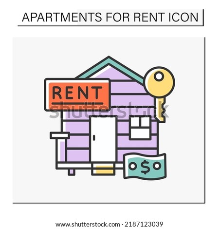 Rent color icon. Cozy wooden beach villa for lease. Summer vacation. Fixed amount of money. Apartment for rent concept. Isolated vector illustration