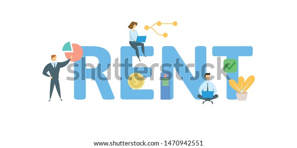 RENT. Concept\
with people, letters and icons. Colored flat vector illustration.\
Isolated on white\
background.