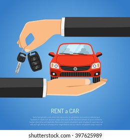 Rent Concept for Poster, Web Site, Advertising like Hand, Car and Key flat icons. vector illustration