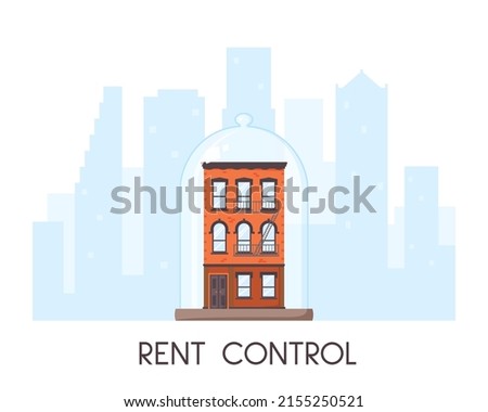 Rent control house concept. Old-fashioned house and city view silhouette. Brick building covered by glass dom. Rent stabilized apartment unit. Well preserved and protected property. Flat vector 
