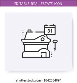 Rent date available line icon. Settlement date, calendar. Real estate agency, housing business concept. Lease home and housing amenities. Isolated vector illustration. Editable stroke