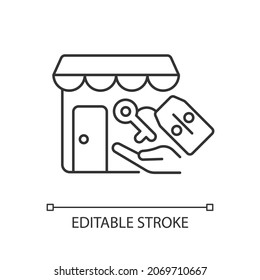 Rent Discounts Linear Icon. Small Business Incentives. Lower Payment For Startup. Thin Line Customizable Illustration. Contour Symbol. Vector Isolated Outline Drawing. Editable Stroke