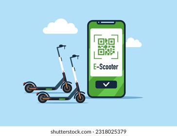 Alquilar e-scooter, teléfono y código QR. Transporte ecológico urbano, amigable al medio ambiente. Ilustración vectorial plana