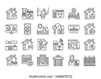 Rent home and real estate black line icons set. Buildings and property. Purchasing, sale and leasing. Pictogram for web page, mobile app, promo. UI UX GUI design element. Editable stroke.