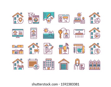 Rent home and real estate color line icons set. Buildings and property. Purchasing, sale and leasing. Pictogram for web page, mobile app, promo. UI UX GUI design element. Editable stroke.