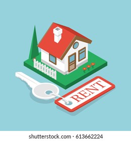 Rent house isometric design. Key with trinket. Sale property template. Vector illustration flat style. Tag as home. Isometric house on green grass. Rental estate. Cottage for sale.