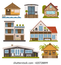 Rent house set. Modern apartments and suites, private cabins, wooden bungalows, chalet and country houses collection for booking and living. Vector house and apartment set. Tourist homes isolated.